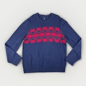 Gap Holiday Snowflake Sweater Mens L Navy Tapestry Red Fair Isle Cotton Nordic